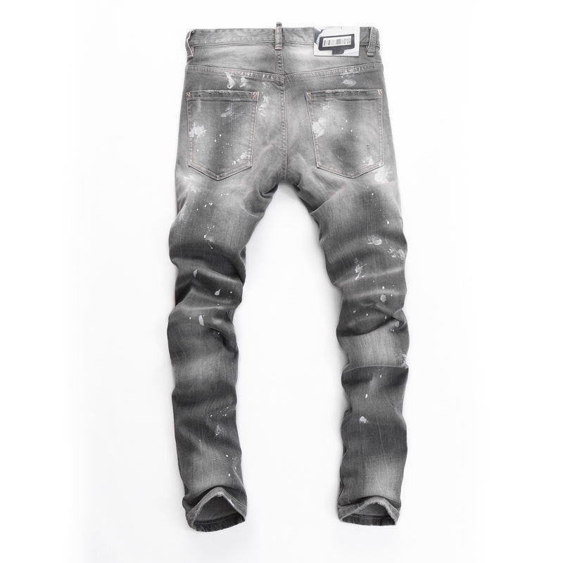Men's Jeans Fashionable New Style Gray Ripped Patch Slim-Fitting Tapered Hipster Brand Casual  Denim Pants