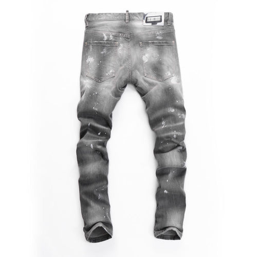 Men's Jeans Fashionable New Style Gray Ripped Patch Slim-Fitting Tapered Hipster Brand Casual  Denim Pants