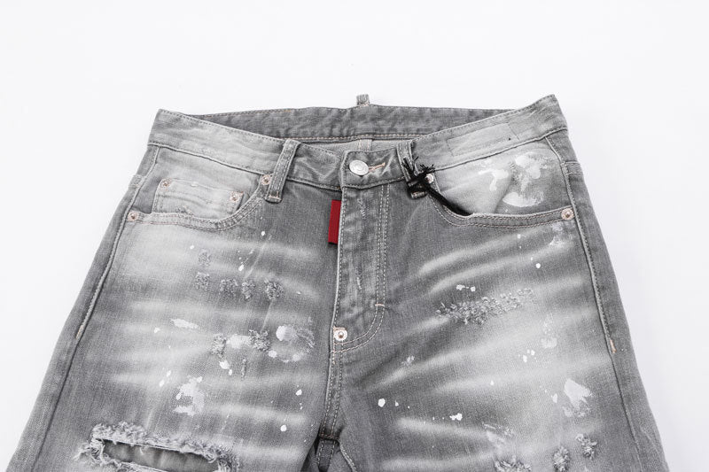 Men's Jeans Fashionable New Style Gray Ripped Patch Slim-Fitting Tapered Hipster Brand Casual  Denim Pants