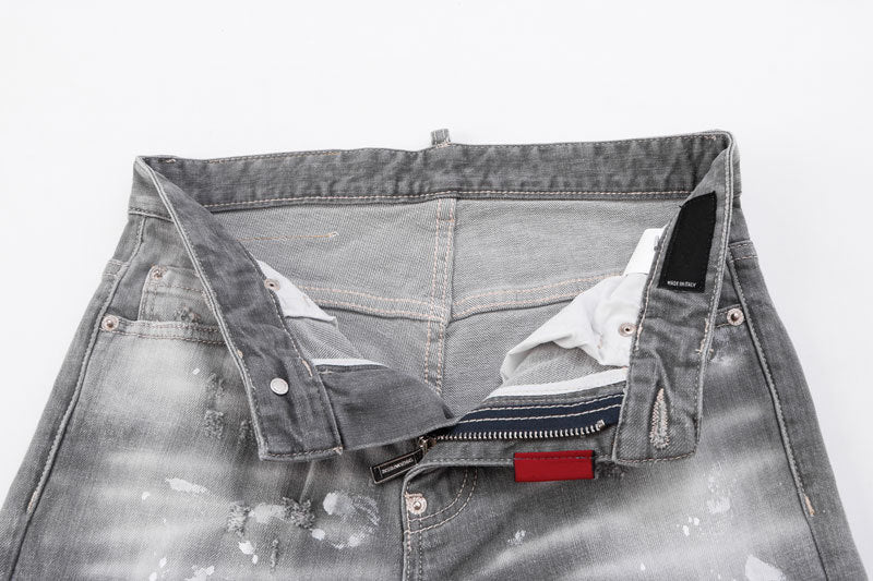 Men's Jeans Fashionable New Style Gray Ripped Patch Slim-Fitting Tapered Hipster Brand Casual  Denim Pants