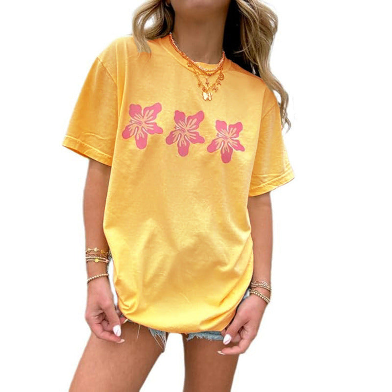 Hot Sale: New European and American Women's Summer Flower-Print Casual Round-Neck Short-Sleeve T-Shirt