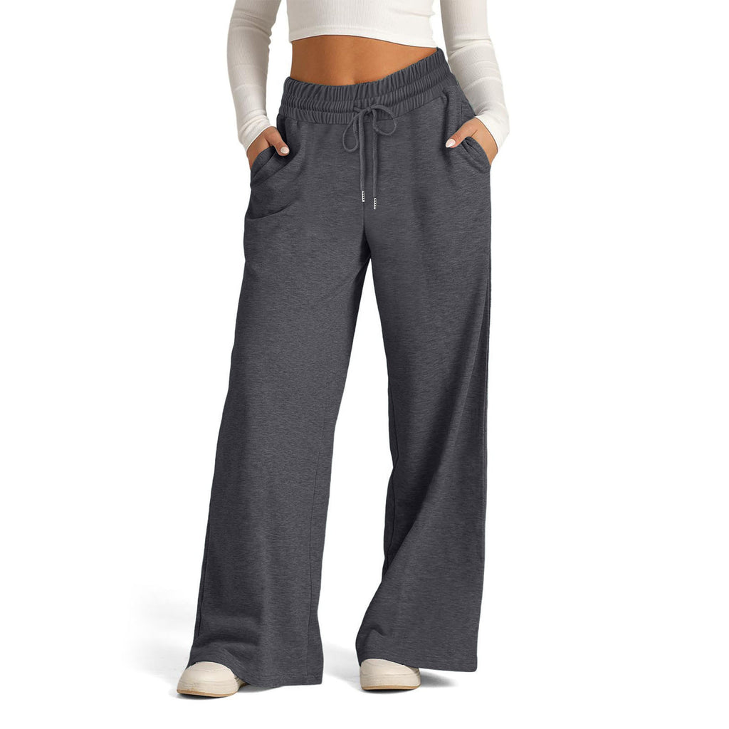 Ladies' pure-colored, waist-fitting, fashionable wide-leg, warp-knitted casual pants with drawstrings, suitable for home wear