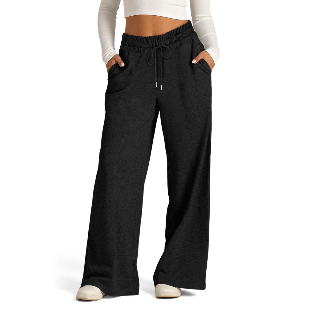 Ladies' pure-colored, waist-fitting, fashionable wide-leg, warp-knitted casual pants with drawstrings, suitable for home wear
