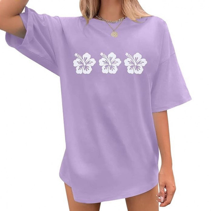 Hot Sale: New European and American Women's Summer Flower-Print Casual Round-Neck Short-Sleeve T-Shirt