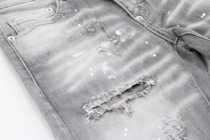 Men's Jeans Fashionable New Style Gray Ripped Patch Slim-Fitting Tapered Hipster Brand Casual  Denim Pants