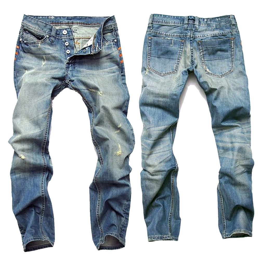 Men's jeans with holes, nostalgic light blue straight-cut slim-fitting button-up pants