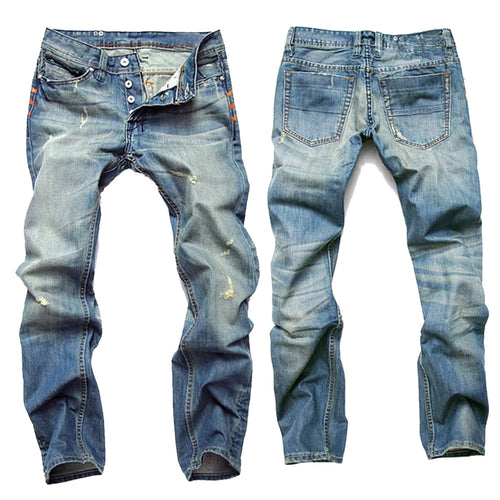 Men's jeans with holes, nostalgic light blue straight-cut slim-fitting button-up pants