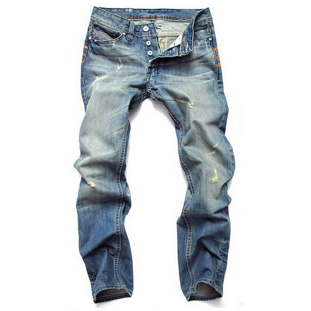 Men's jeans with holes, nostalgic light blue straight-cut slim-fitting button-up pants