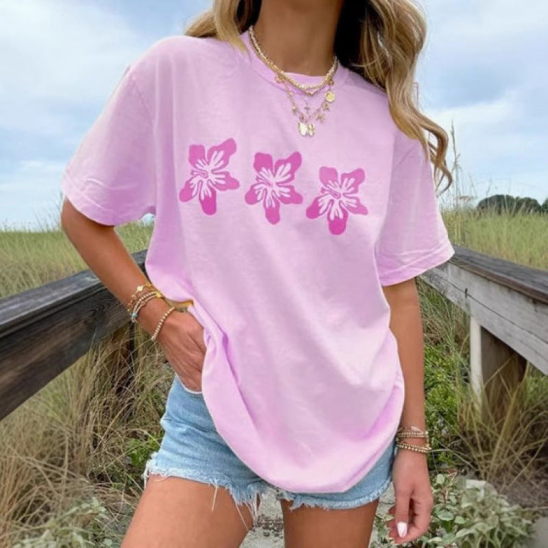 Hot Sale: New European and American Women's Summer Flower-Print Casual Round-Neck Short-Sleeve T-Shirt
