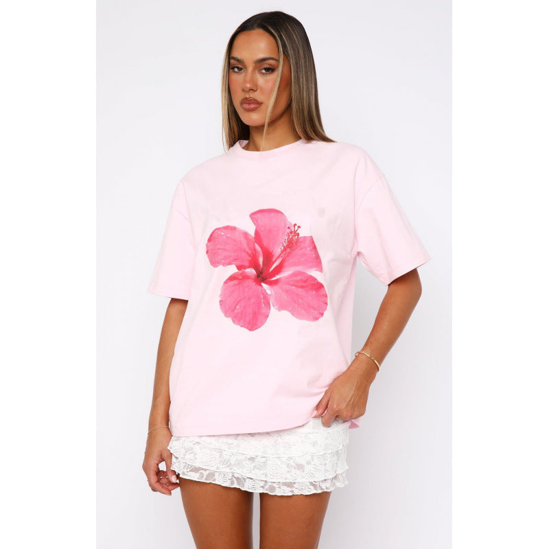 Hot Sale: New European and American Women's Summer Flower-Print Casual Round-Neck Short-Sleeve T-Shirt